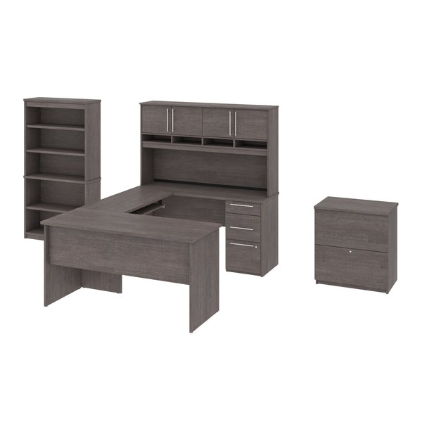 Bestar Bestar Innova 83W U or L-Shaped Desk with Hutch, Lateral File Cabinet, and Bookcase in bark grey 92855-000047